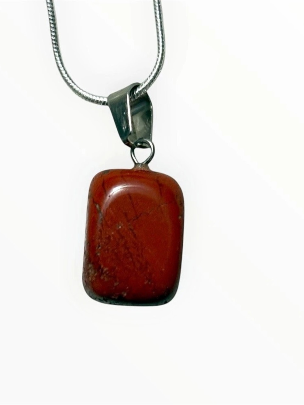 New, Red Jasper Tumbled Stone Pendant Necklace Silver Tone Delicate Snake Chain